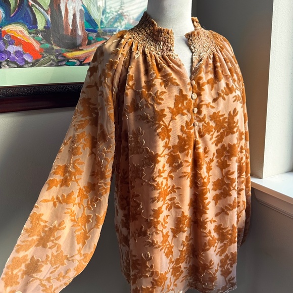 Cut Velvet Amber Colored Peasant Style Smock Top Blouse - S - Picture 2 of 10